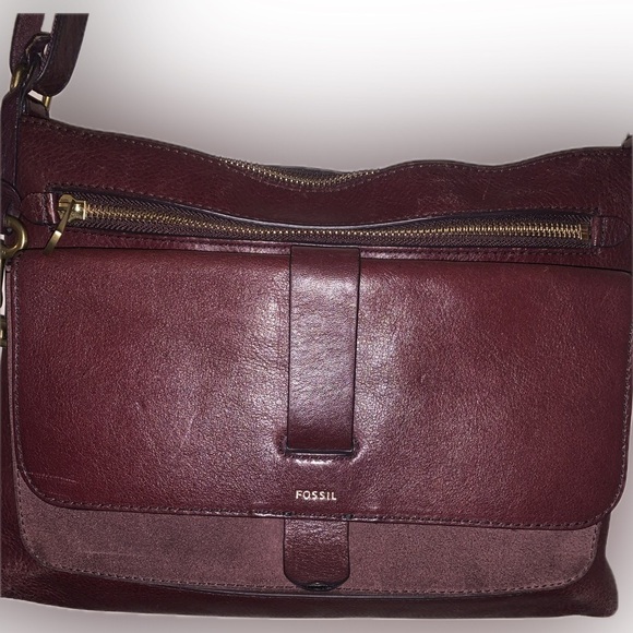 Fossil Kinley Leather Crossbody Pebbled Suede Flap Messenger Bag w Key Burgundy - Picture 3 of 14